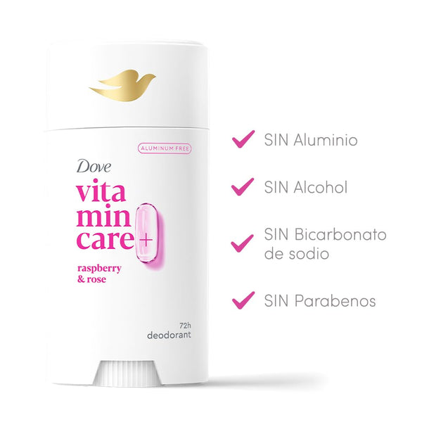 Dove Vitamincare+ Aluminum Free Deodorant Stick for 72H Odor Protection Raspberry & Rose Breathable Deodorant for Women 2.6 Oz