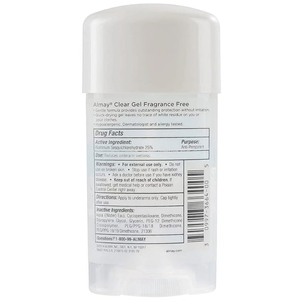 Almay Sensitive skin Clear Gel, Anti-Perspirant & Deodorant, Fragrance Free, 2.25-Ounce Stick (Pack of 6) Fragrance Free 2.25 Ounce (Pack of 6)