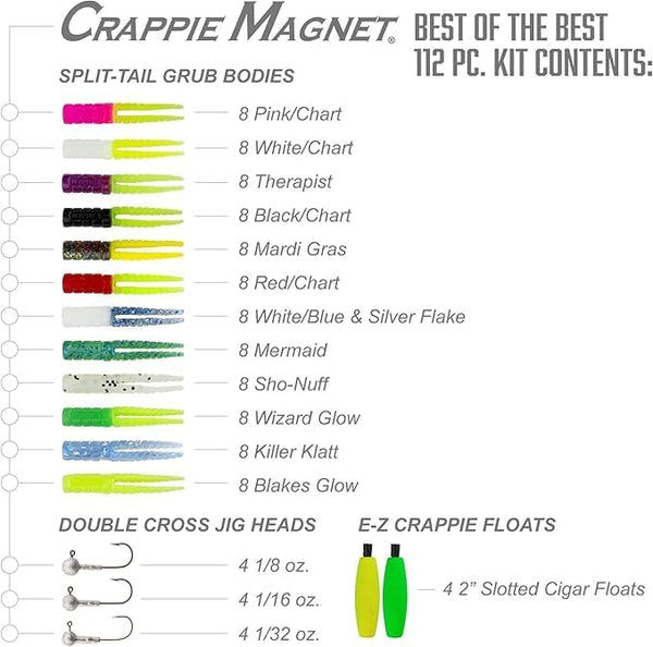 Leland's Lures Crappie Magnet Best of the Best Kit, Fishing Equipment and Accessories, Fishing Lures, 96 Bodies, 15 Double Cross Jig Heads, 4 E-Z