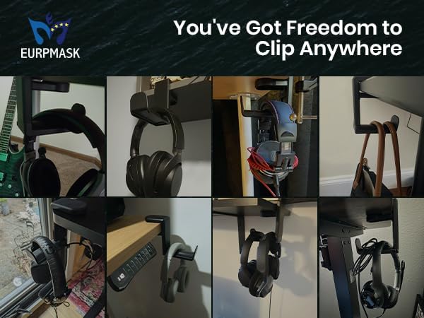 EURPMASK Rotating Headphone Stand - PC Gaming Headset Holder, Adjustable Clamp-on Under Desk Hanger With 360 Degree Swivel & Cable Clip Organizer