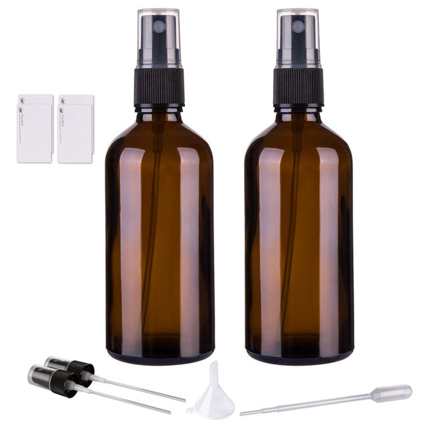 Hydior Amber Glass Spray Bottles for Essential Oils, 4oz Empty Small Fine Mist Spray Bottle 2 Pack Black Amber