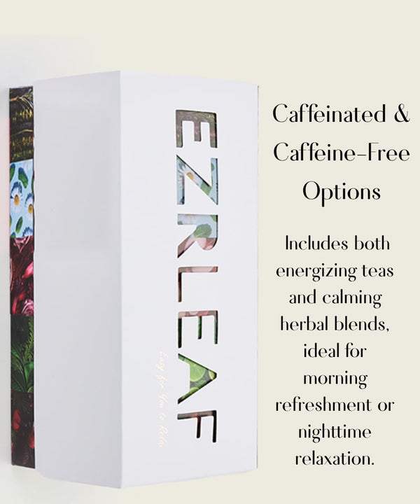 EZR Leaf Herbal & Fruit Tea Sampler Gift Box – 22 Pyramid Tea Bags with 9 Fruit & Floral Blends – Low & Caffeine Free Assortment for Relaxing Tea