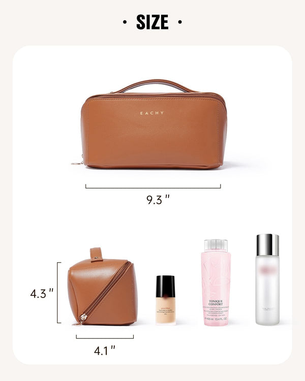 EACHY Travel Makeup Bag, Large Capacity Cosmetic Bag for Women, Waterproof PU Leather, Flat Open Portable Toiletry Bag for Skincare, Brushes &