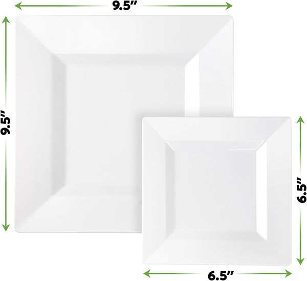 SETUP 60-Piece White Square Plastic Dinnerware Set – 30 9.5" Dinner & 30 6.5" Salad Plates – Heavy-Duty Disposable for Weddings, Catering, Parties