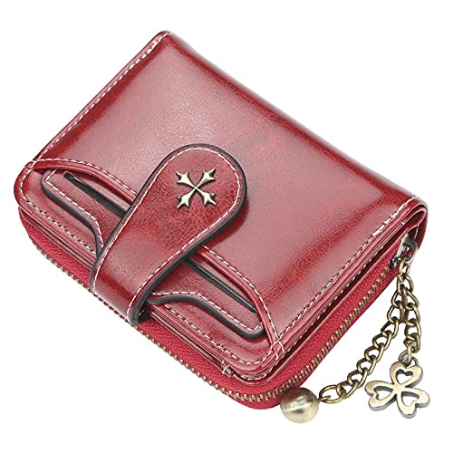 Small Wallet for Women Zip Bifold Vintage Wallet Goth Purse Mini Leather Cash Wallets with Zipper Coin Pocket (Red,Small)