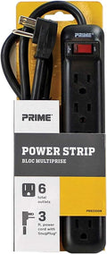 Prime Wire & Cable PB922009 6-Outlet Power Strip with Right Angle Plug and 14-3 SJT 3-Feet Cord,Black