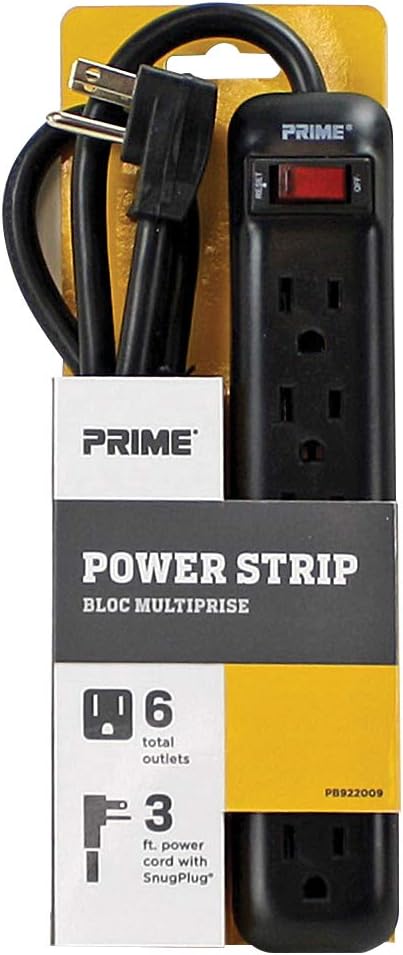 Prime Wire & Cable PB922009 6-Outlet Power Strip with Right Angle Plug and 14-3 SJT 3-Feet Cord,Black