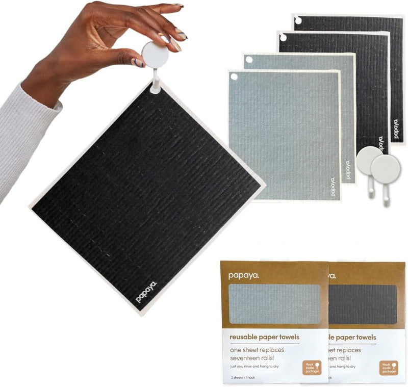 Papaya Reusable Paper Towels 4-Pack - 4 Sheets + 2 Hooks, Quick Drying, No Odor, 1 Sheet Replaces 17 Rolls, Washable Kitchen Cloth, Sustainable