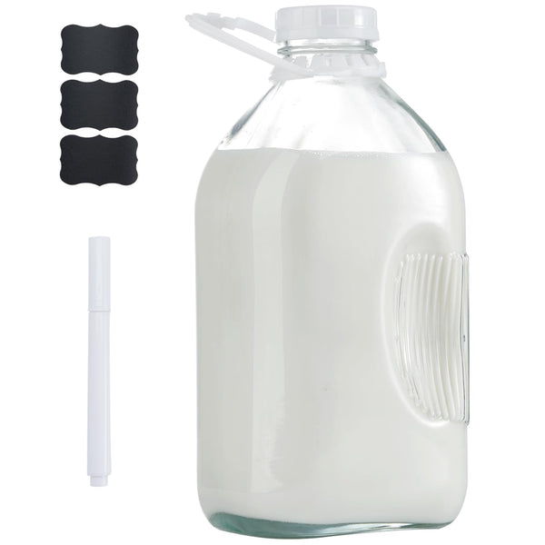 FyndraX Glass Milk Jugs Bottle - 64Oz Water Container with Airtight Screw Lid, Half Gallon Juice Jar Pitcher for Storage Iced or Hot Drinks in