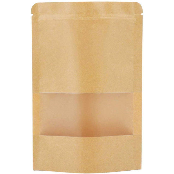 50Pcs Resealable Kraft Paper Stand Up Pouches with Window - 3.5" x 5.5" Small Food Storage Bags with Zip Lock - Heat Sealable Brown Paper Bags for
