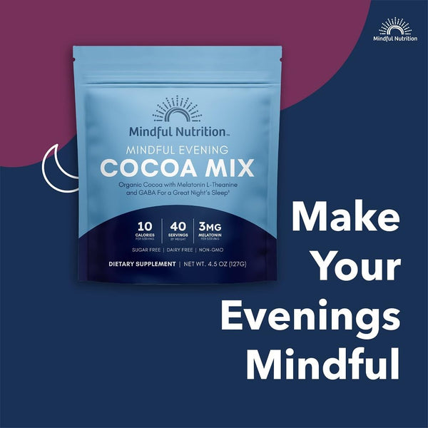 Mindful Evening Sugar Free Cocoa Mix Natural Sleep Aid, 40 Servings, Melatonin 3Mg, L-Theanine, GABA Supplements, Natural Calm Sleep Support