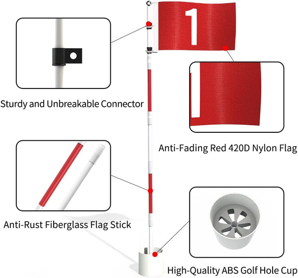 THIODOON Golf Flagstick 6ft Golf Flag and Cup for Yard Pro Detachable Golf Hole Cup and Flag for Driving Range Backyard Upgrade Anti-Rust Glass