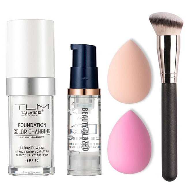 5PCS TLM Colour Changing Foundation Makeup Set Matte Liquid Full Coverage Oil Control Breathable Invisible Cover Conceal