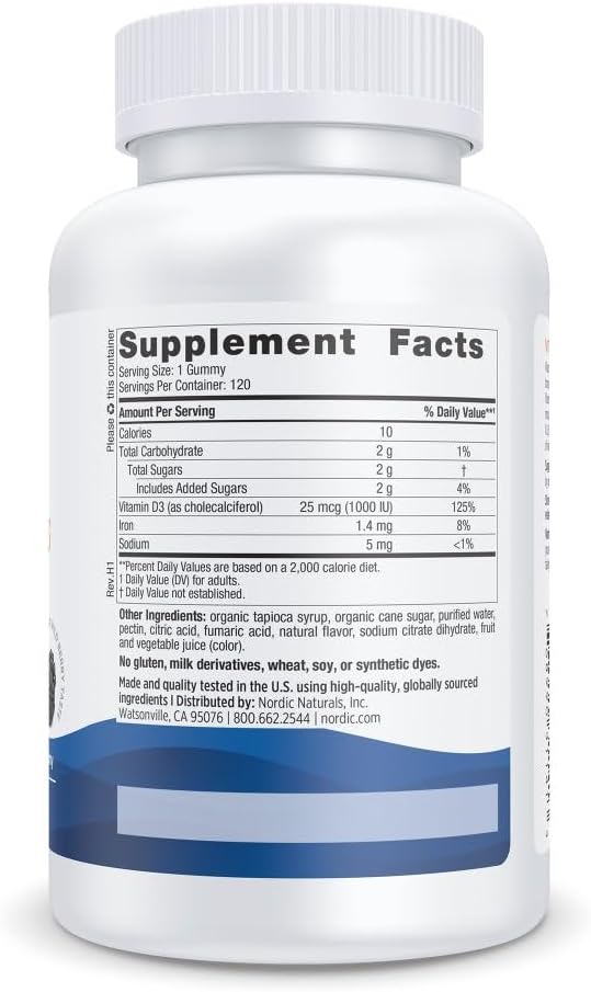 Nordic Naturals Vitamin D3 Gummies,1000 IU D3 + Iron, Wild Berry - 120 Count Wild Berry 120 Count (Pack of 1)