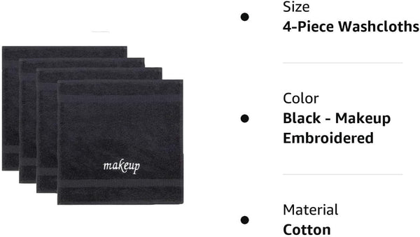 Chakir Turkish Linens | Hotel & Spa Quality 100% Cotton Premium Turkish Towels | Soft & Absorbent (4-Piece Washcloths, Black - Makeup Embroidered)