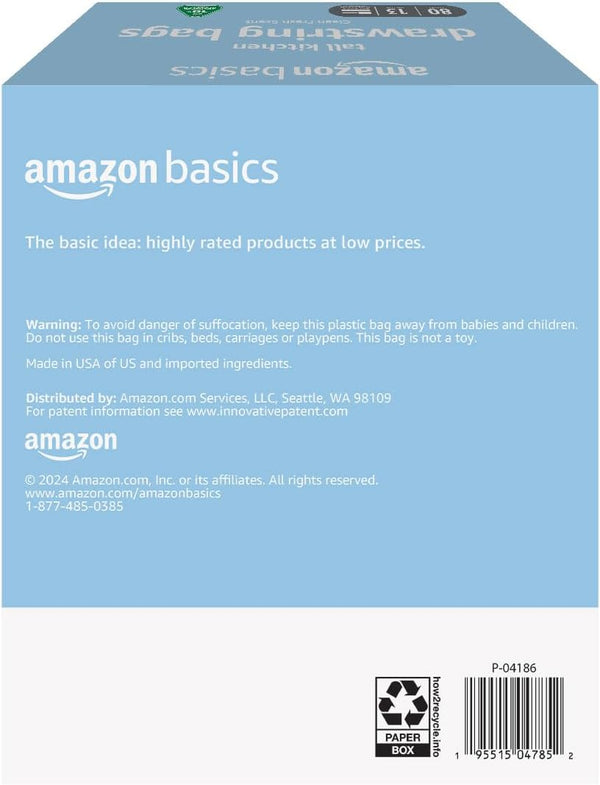Amazon Basics 13 Gallon Tall Kitchen Drawstring Trash Bags, Clean Fresh Scent, 10% Post Consumer Recycled Material, 80 Count White 1 Count (Pack