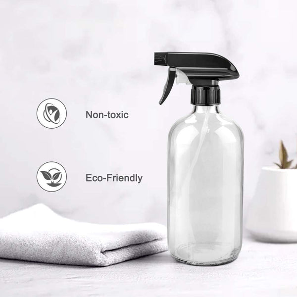 Glass Spray Bottles, 16Oz Refillable Containers, Empty Boston round Bottles with Labels & Adjustable Nozzle for Cleaning, Gardening, Aromatherapy,