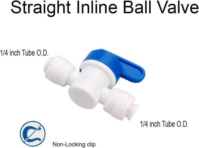 1/4 inch OD Tubing&Hose&Pipe Use Inline Shut Off Ball Valve Plastic Quick Connect Fittings for Water Purifier RODI System (Pack of 10)