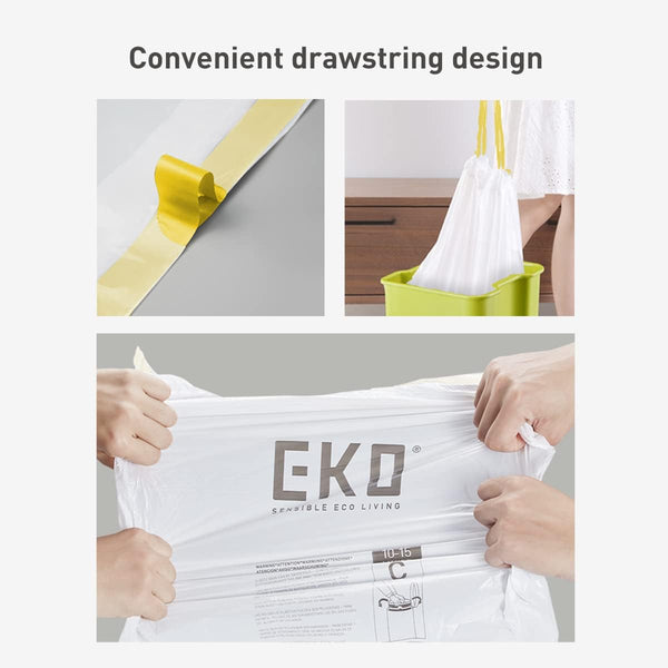 EKO 21 Gallon / 50-90 Liter, 60 Count Drawstring Trash Bags, Extra-Strong Unscented Garbage Bags, Easy-Dispense Roll for Kitchen & Household Use,