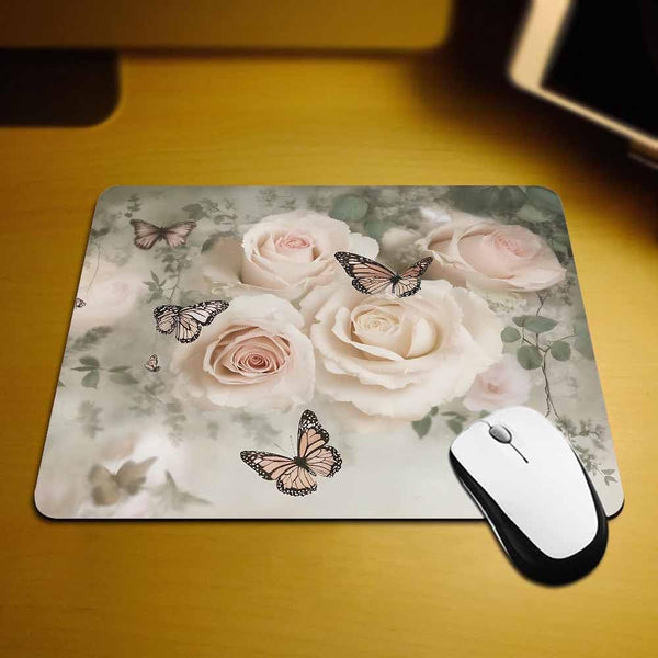 IBILIU Mouse Pad White Roses,Butterfly Flower Floral Rectangle Mousepad Non-Slip Rubber Base Computer Mouse Pad for Laptop, Office, Home - 9.5 X