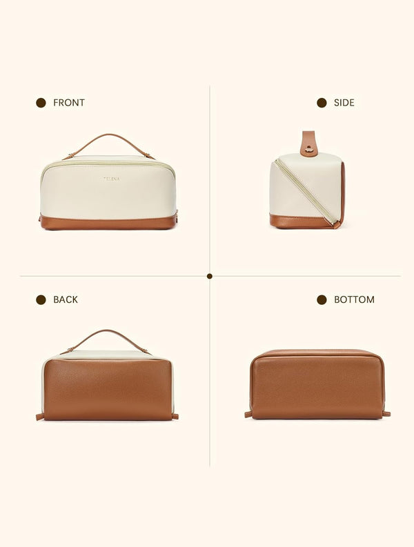Telena Makeup Bag Large Capacity Travel Cosmetic Bag Portable PU Leather Water Resistant Makeup Organizer Bags for Women with Handle and Divider