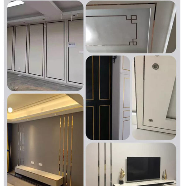 Metallic Gold Mirror Border Trim Peel and Stick PVC Wall Molding Trim Tape Self Adhesive Shiny Gold Decorative Trim for TV, Wall, Mirror, Door,