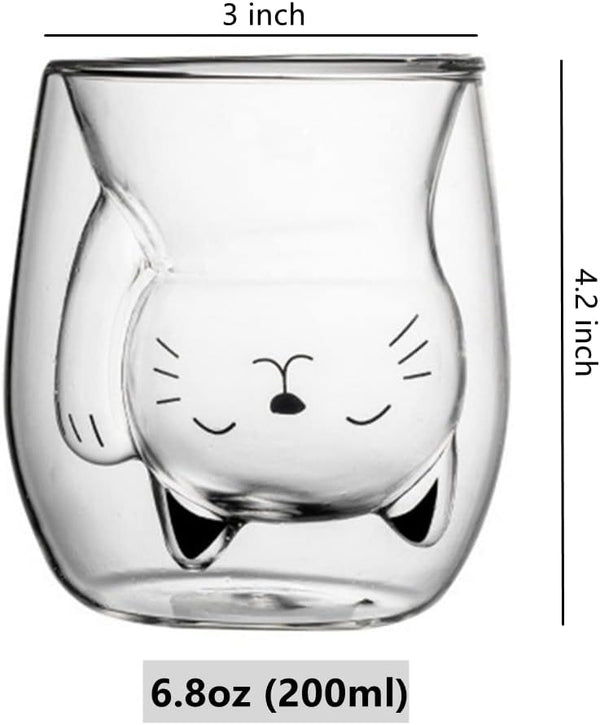 ANSQU Cute Mug Cat Tea Double Wall Glass Coffee Mugs, Espresso Shot Glass, Milk Mug (200 ml/6.8 oz), Personal Birthday Gifts and Holiday Gifts