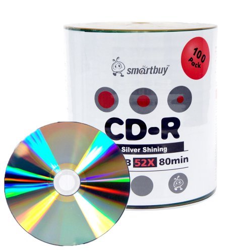 Smartbuy 100-disc 700mb/80min 52x CD-R Shiny Silver Blank Recordable Disc | Shiny Silver Metalized Hub, Silk Screen Printable, Mark writable, OEM