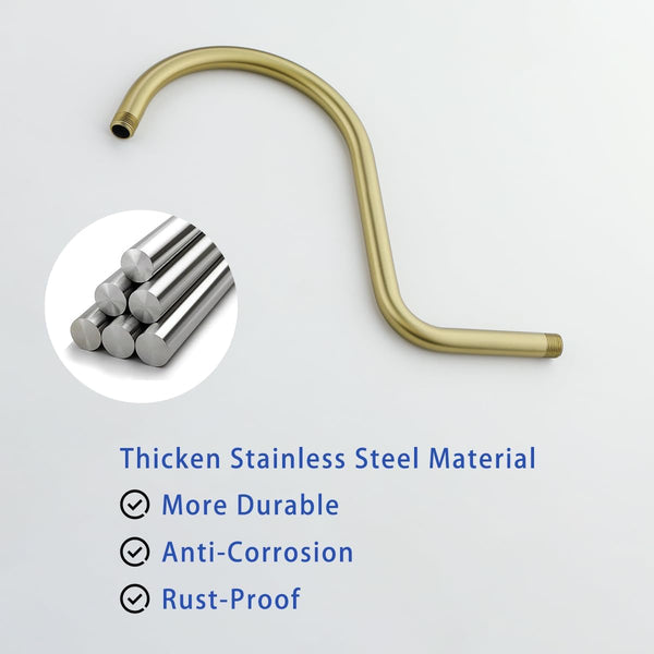 13 Inch High Rise S Shape Shower Extension Arm with Flange,Brushed Gold Shower Head Extender Arm Wall Mounted,Standard 1/2" Connection-Bathroom