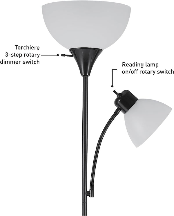 Globe Electric 67135 72" Floor Lamp with Adjustable Reading Light, Bright, Easy-to-Assemble Torchiere for Bedroom, Living Room & Office -