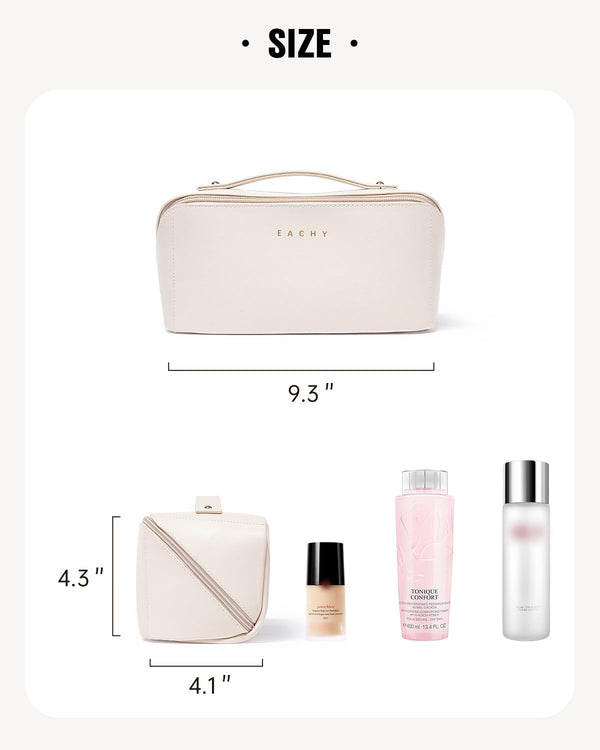 EACHY Travel Makeup Bag, Large Capacity Cosmetic Bag for Women, Waterproof PU Leather, Flat Open Portable Toiletry Bag for Skincare, Brushes &