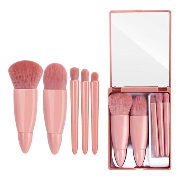 Easy-Taken Travel Makeup Brush Set, COSHINE 5Pcs Mini Complete Function Cosmetic Brushes Kit (5Pcs with Mirror)