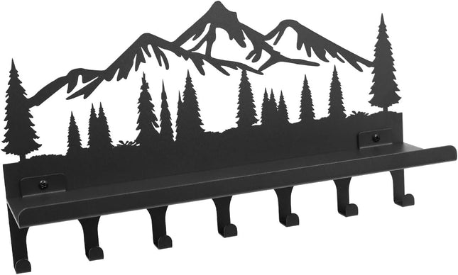 Wall Mounted Mountain Key & Mail Holder with Shelf | Metal Key Organizer with 2 in 1 Key Hooks for Entryway, Hallway, Of
