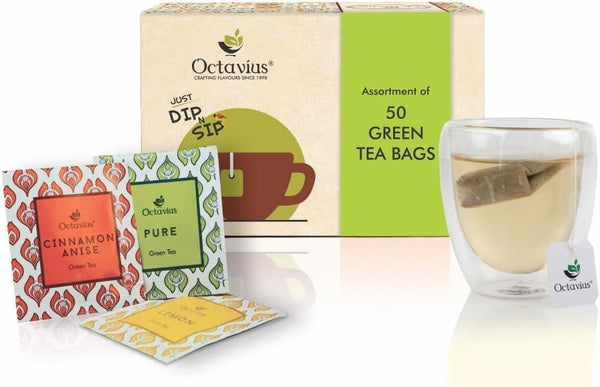 Octavius Tea Sampler Pack | 3 Assorted Green Tea | Cinnamon Anise/Lemon/Pure Green | Assortment Tea Sampler Variety Pack | 50 Bags | Perfect for