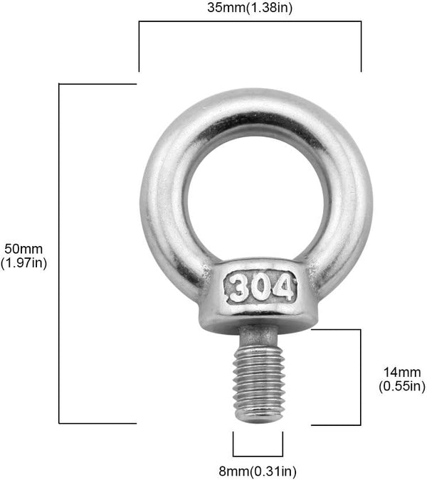 Yasorn 5pcs M8/0.32" Stainless Steel 304 Lifting Ring Eye Bolt Set - Heavy Duty Industrial Grade, Corrosion Resistant, Silver, Perfect for