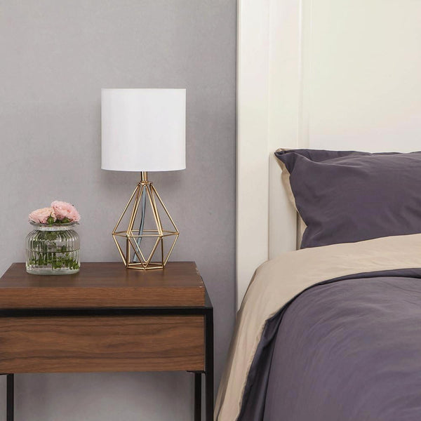 Gold Modern Hollow Out Base Bedroom Small Table Lamp,Bedside Nightstand Lamp with Geometric Metal Base White Fabric Shade,Cute Desk Lamp for Kids