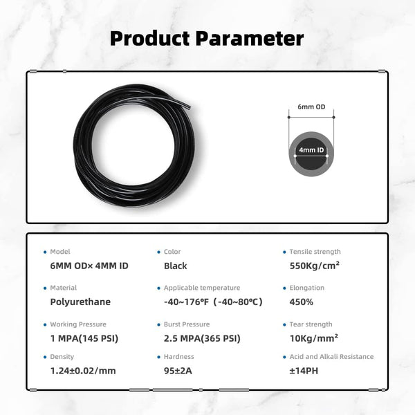 Pneumatic Tubing Black PU Air hose Pipe Tube Kit 6mm OD 4mm ID 39.4ft/12 Meter for Air Line or Fluid Transfer… 6mm OD / 4mm ID × 12m Black