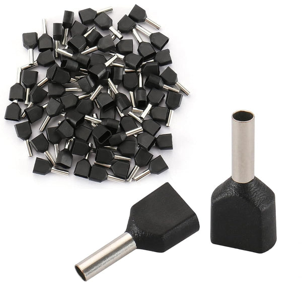 BAOMAIN 100-Pack 16 AWG Twin Wire Ferrules, Black TE1508 Dual Wire Crimp Connectors, Tin-Plated Copper Pin Cord End Terminals for DIN Rail