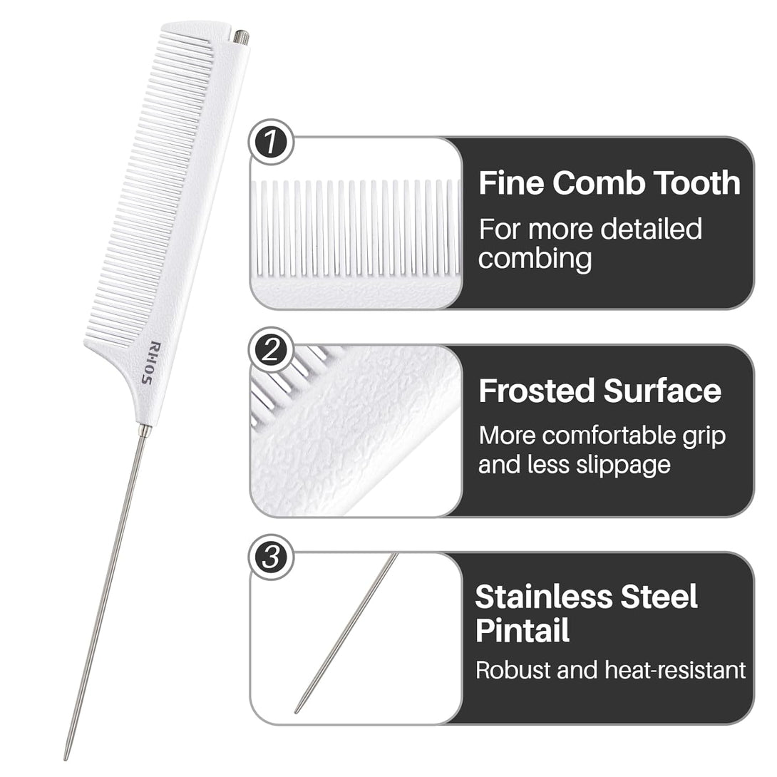 RHOS Carbon Retractable Rat Tail Comb for Parting, Portable Fine Tooth Teasing Comb for Styling, Hair Cutting, Braiding-Stainless Steel Pin Tail Teasing Comb(White)