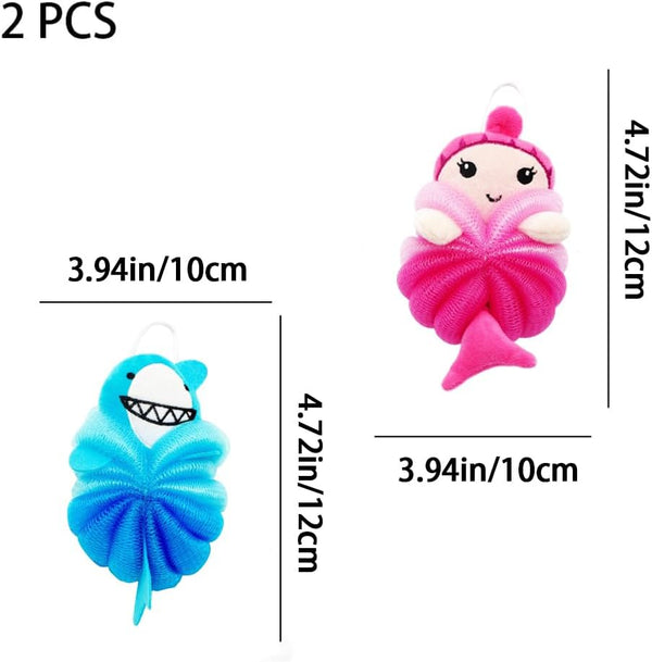 Bath Loofahs,Ttdesefu Body Sponge Loofah,Bath Sponge Shower Puff Soft Loofah Sponge Pouf Exfoliating Mesh Shower Ball (Animal，2 Pcs) (Dark Pink,Blue)