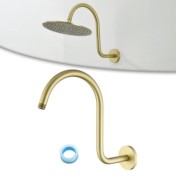13 Inch High Rise S Shape Shower Extension Arm with Flange,Brushed Gold Shower Head Extender Arm Wall Mounted,Standard 1/2" Connection-Bathroom