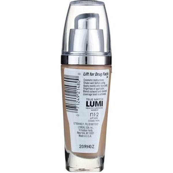 L'Oreal Paris True Match Lumi Healthy Luminous Makeup, N1-2 Soft Ivory Classic Ivory , 1 Fl; Oz.