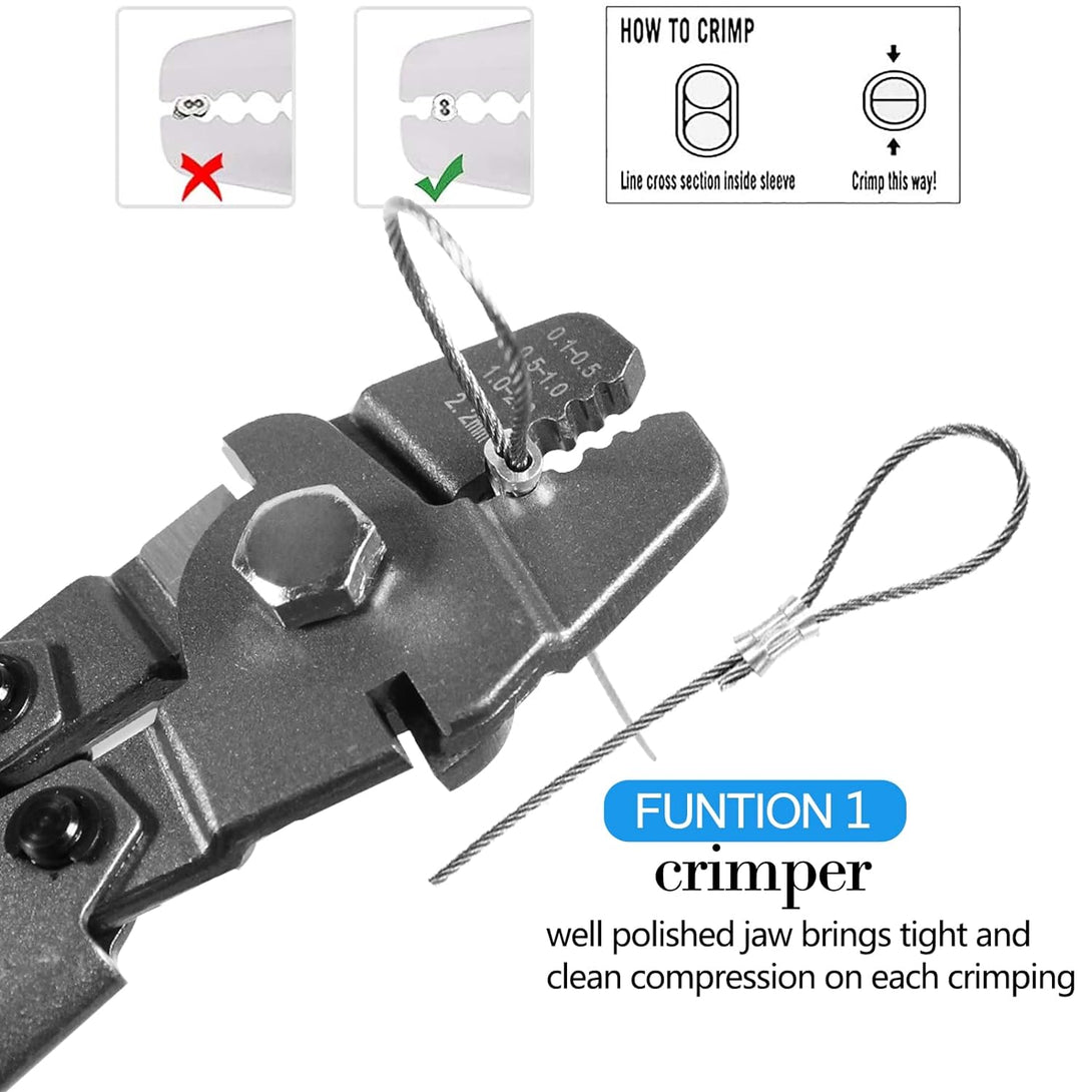 Wire Rope Crimping Tool Kit, with 1/16-304 Stainless Steel Cable 165 Ft (7X7 Strand Core), 100 Cable Ferrule Aluminum Loop Sleeve Stops