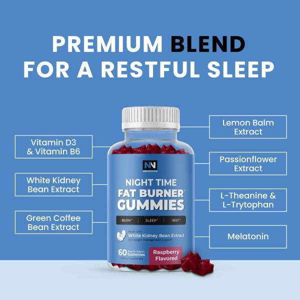 Night Time Fat Burner Gummies, Sleep Support & Weight Loss Supplement | Slimming Hunger Suppressant & Metabolism Booster, Shred Belly Fat While