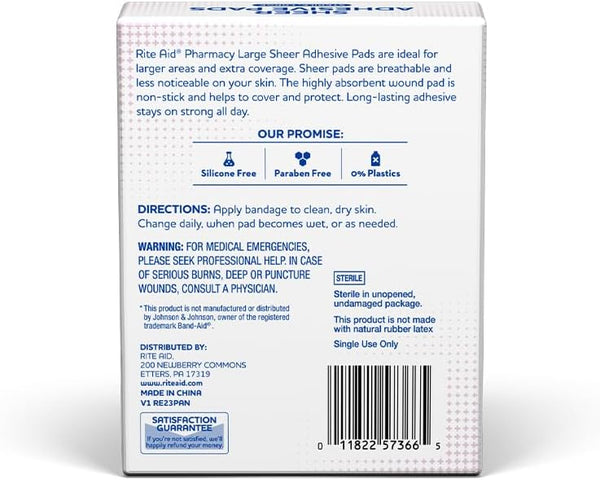 Rite Aid Sheer Adhesive Bandages with Sterile Non Stick Pad, 3" x 4" - 20 Count | Wound Care/First Aid Supplies | Bandage Wrap | Medical Tape for