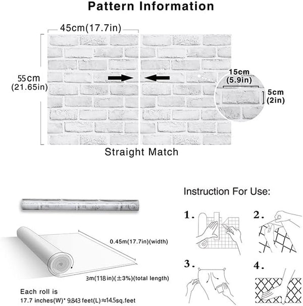 Cohoo Home Brick Wallpaper Peel and Stick Contact Paper 120inL 18inW Faux 3D Brick Contact Paper for Wall White Gray Self Adhesive Removable
