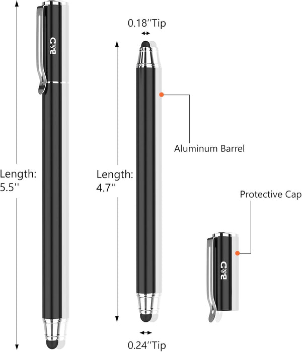 (2 Pcs)[0.18-inch Fine Tip ] Stylus Touch Screen Pens 5.5" L Perfect for Drawing Writing Gaming Compatiable with Apple iPad iPhone Samsung Tablets