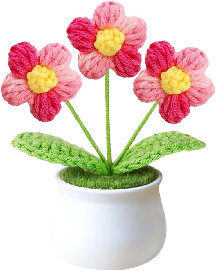 Cute Crochet Flowers for Mom,Handmade Knitted DIY Décor for Car Office Desk & Home Décor,Valentines Birthday Gifts for Women and Coworkers,