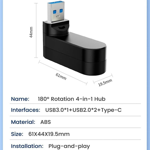VIENON 4-Port USB 3.0 Hub [90ÃÂ°/180ÃÂ° Degree Rotatable], USB Splitter with 3 USB-A Ports & 1 USB C Power/Data Port, USB Extender for Laptop, Car,