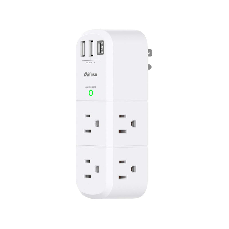 USB Outlet Extender Surge Protector - Mifaso Rotating Plug, 6 AC Multi Plug and 3 USB Ports (1 C), 1800 Joules, 3-Sided Swivel Power Strip Spaced